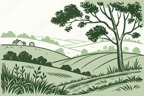 Vector sketch Green grass field on small hills. Meadow, alkali, lye, grassland, pommel, lea, pasturage, farm. Rural scenery landscape panorama of countryside pastures. illustration