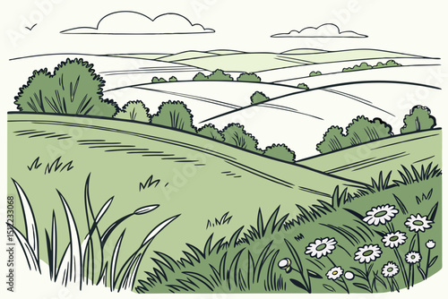 Vector sketch Green grass field on small hills. Meadow, alkali, lye, grassland, pommel, lea, pasturage, farm. Rural scenery landscape panorama of countryside pastures. illustration