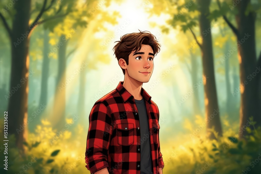 Person wearing flannel shirt, clothing, standing in forest with sunlight filtering through trees. Concept of person wearing flannel shirt, capturing relaxed confidence amidst vibrant autumn colors. Person wearing flannel shirt, clothing, standing in forest with sunlight filtering through trees. Concept of person wearing flannel shirt, capturing relaxed confidence amidst vibrant autumn colors.
