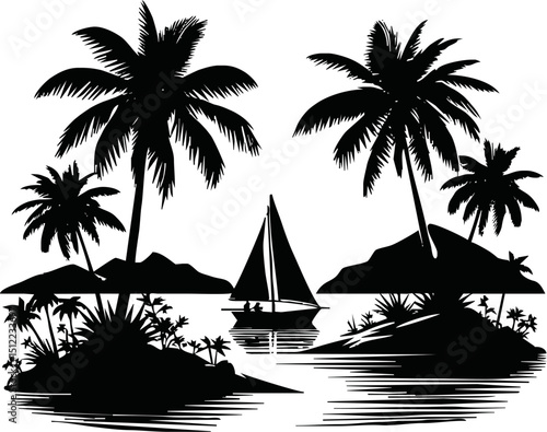 Silhouette of tropical island with palm trees and sailboat vector isolated on a white background