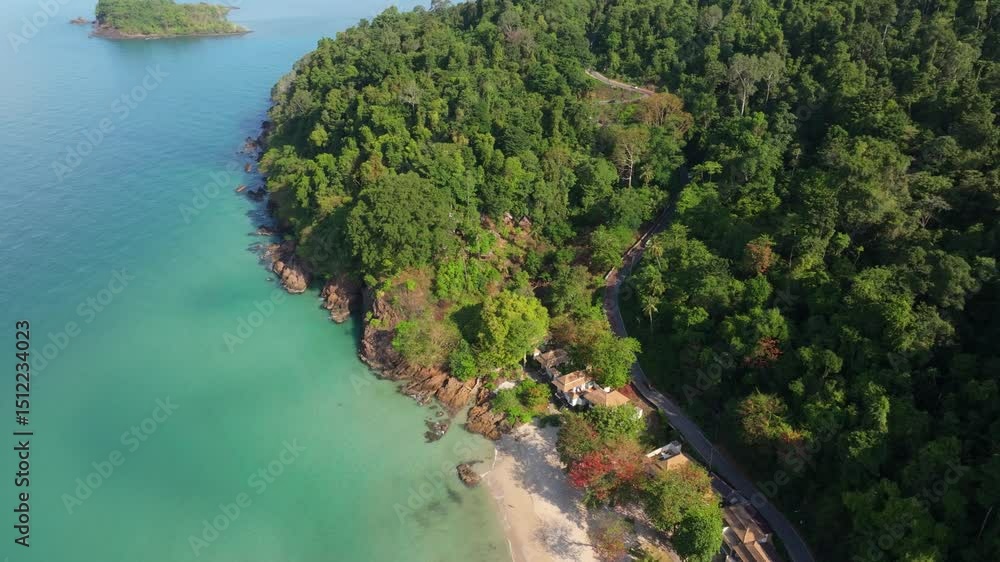 Top-down view of daytime traffic along main road, Koh Chang, Thailand. Aerial drone video Top-down view of daytime traffic along main road, Koh Chang, Thailand. Aerial drone video
