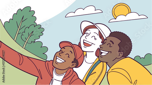 A digital artwork portraying a selfie moment with diverse characters smiling wide under a sunny sky.