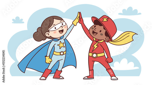 A colorful illustration of child friends dressed as heroes, exchanging a triumphant high-five.