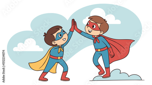 Two cartoon boys in superhero costumes high-fiving, representing support and heroic teamwork.