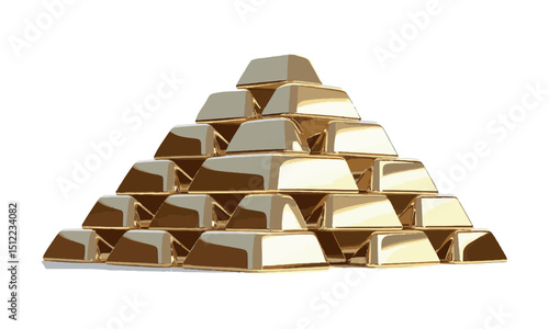 A modern vector illustration of a stack of gold bars arranged in a pyramid shape, Each gold bar has smooth, shiny surfaces with subtle gradients to simulate metallic reflections, easily editable.