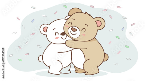 Two cuddly stuffed bears embracing affectionately with soft pastel tones and festive confetti.