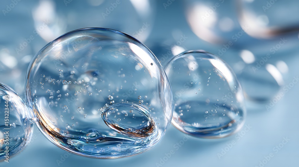 Close-up of clear transparent bubbles floating gracefully in the air against a soft light background Close-up of clear transparent bubbles floating gracefully in the air against a soft light background