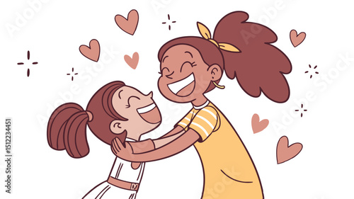 An affectionate cartoon scene of two girls hugging joyfully, with sparkles and hearts floating around them on a soft pink background.