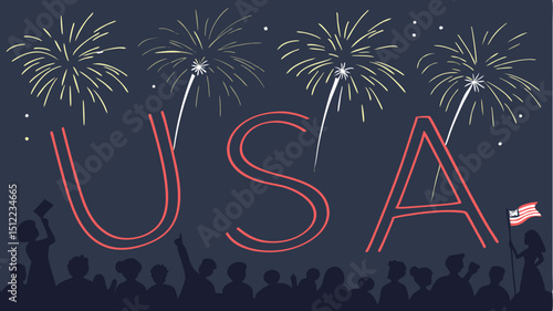 Photorealistic sparklers spelling ?USA? over a dark sky with a festive crowd below