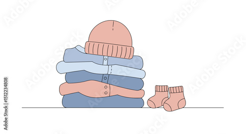 Pile of folded winter clothes with hat and baby socks on the side, for baby products, household chemicals brands, bloggers in the maternity sphere