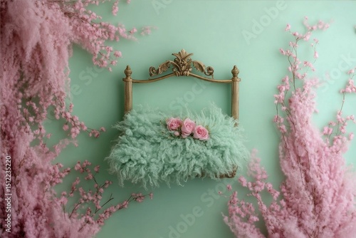 Cradle with Fluffy Pillow and Roses on Soft Green Wall Framed by Pink Plants for Newborn Photography