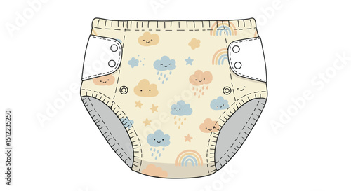 Cute cloth diaper featuring clouds and rainbows on a cream background, bloggers about motherhood, childcare services 