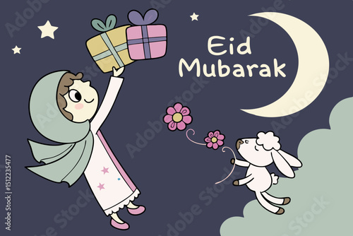 Whimsical scene A glowing fairy-child releasing a sparkly cartoon lamb into starlight. The lamb transforms into floating gift boxes raining dates and flowers. Tiny angels in hijabs giggle while catchi