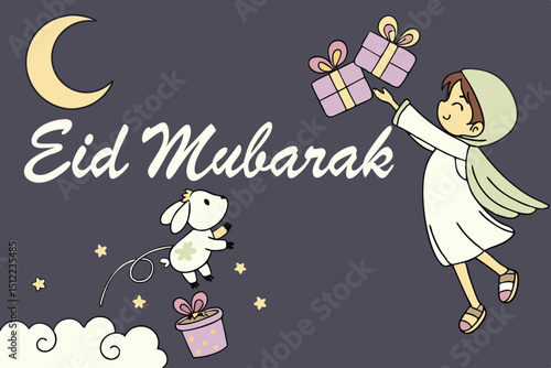 Whimsical scene A glowing fairy-child releasing a sparkly cartoon lamb into starlight. The lamb transforms into floating gift boxes raining dates and flowers. Tiny angels in hijabs giggle while catchi
