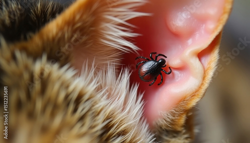 Close-up tick on cat ear, pet's highlighting parasite infestation awareness