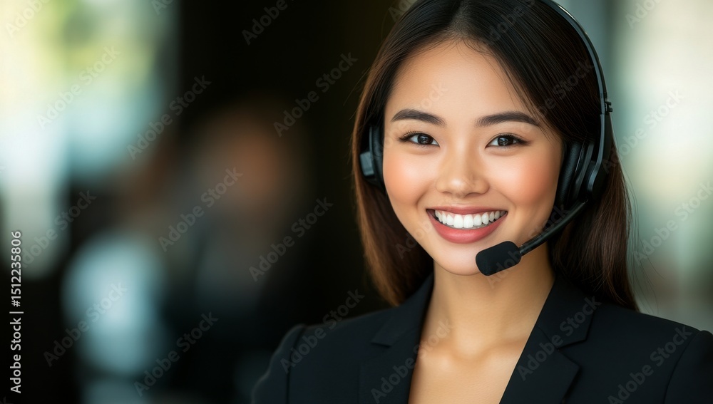 A vibrant Asian female call center representative, flashing a dazzling grin, endorses a career opportunity wearing formal clothing on a blank white background A vibrant Asian female call center representative, flashing a dazzling grin, endorses a career opportunity wearing formal clothing on a blank white background