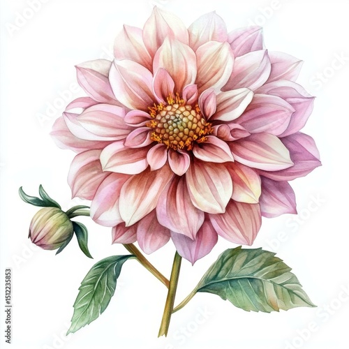 Elegant Pink Dahlia Flower with Bud and Lush Green Leaves Botanical Illustration Delicate Bloom Detail