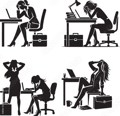 Four silhouettes of stressed businesswomen at desks with laptops and briefcases on a white background