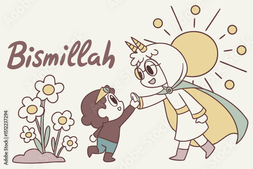 Whimsical illustration A heroic fluffy lamb with a mini golden horn and cape, gently high-fiving a grateful chibi child. Background Shining sun with 'Bismillah' in bubbly Arabic letters, floating dais