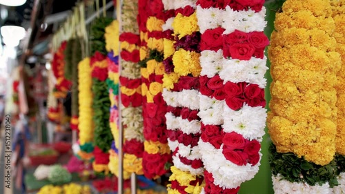Colorful flower garlands hanging in bustling singapore market, representing cultural tradition with vivid festive decorations