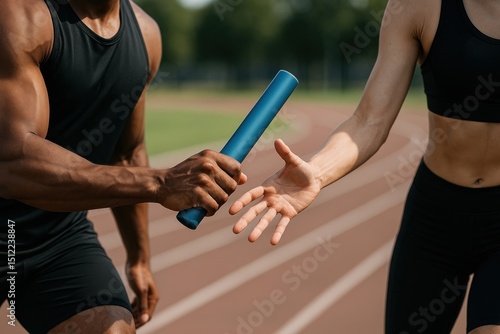 Athletes exchanging baton on track.