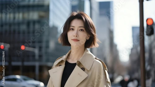 都会で笑顔の日本人女性、日差しの中で輝く笑顔