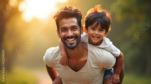 Joyful South Asian man carrying his young son on his back, both smiling in a sunlit park.