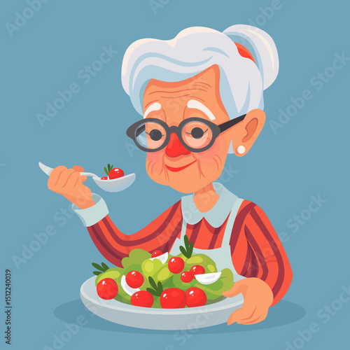 Cheerful Elderly Woman Eating Healthy Salad – Cartoon Vector

