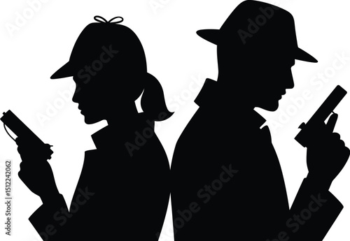 Silhouette of two figures with guns back to back in black and white detective or spy theme style image