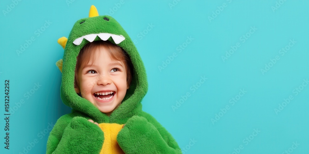 Obraz premium Happy child wearing plush dinosaur costume on solid background.
