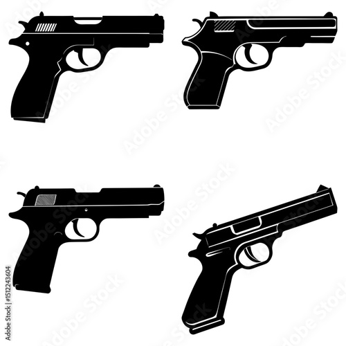 Silhouette illustration showcasing four distinct handgun designs in a monochrome arrangement style