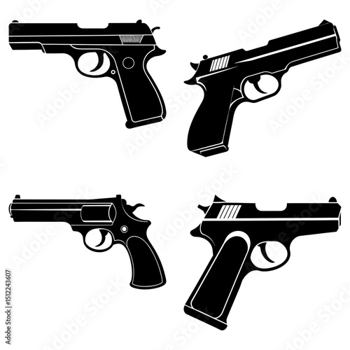 Four black silhouette handgun illustrations in varying styles on a white isolated background design element