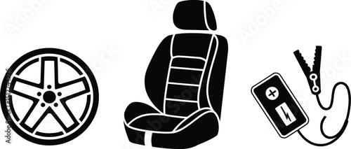 A black and white illustration of a wheel, car seat, and battery jumper isolated on a white background