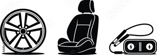 Illustration of a car wheel, a car seat, and a car charger on a white background in black and white style