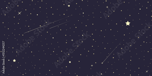 Cartoon night starry sky background. Cartoon starry space pattern, shiny stars fabric print. Astronomical star background, night sky vector pattern, night sky constellations.