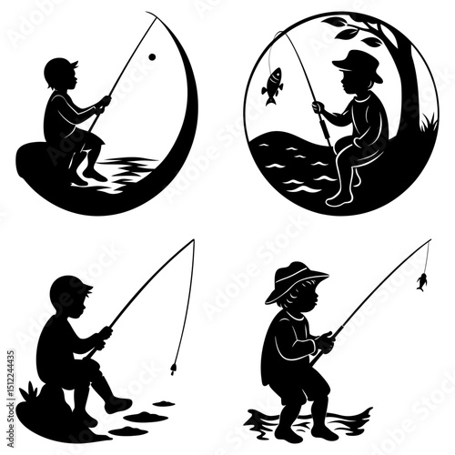 Four black and white silhouette illustrations of boys fishing in different outdoor settings in nature