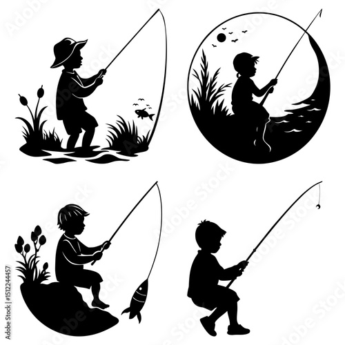 Silhouette illustrations of boys fishing with rods and lines in nature and water scenes depicted in black
