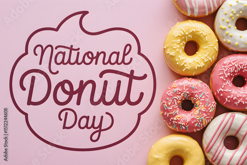 Delicious assortment of colorful donuts celebrating national donut day with sprinkles and frosting displayed on a pink background