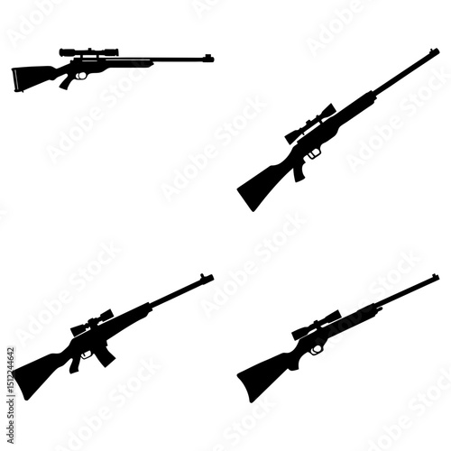Four rifle silhouettes with scopes in various orientations against a white background display accuracy