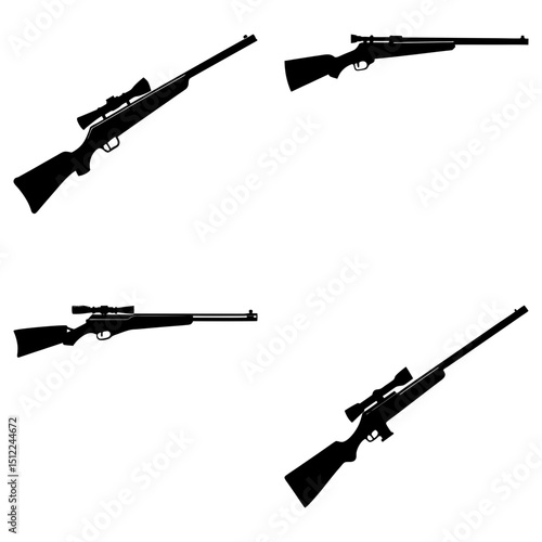 Four black silhouette illustrations of rifles with scopes on a white background layout design