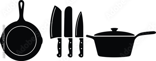 A black and white illustration of a cast iron skillet, knives, and a covered saucepan on a white background