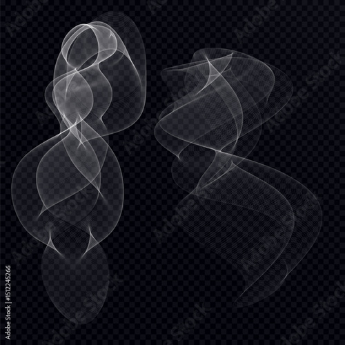 Transparent white smoke swirl set on dark background with realistic soft flowing mist and airy abstract curved shapes