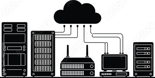 A black and white illustration of computer servers connected to a cloud network infrastructure setup