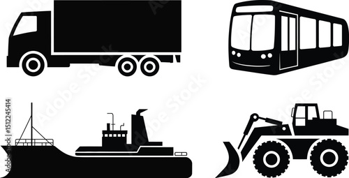 Black and white vector illustration of truck, train, ship, and bulldozer transportation vehicles icons