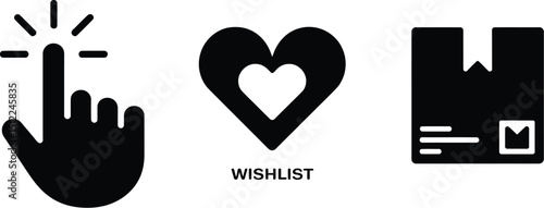 Illustration of a hand clicking, a heart with wishlist text, and a package on a white background