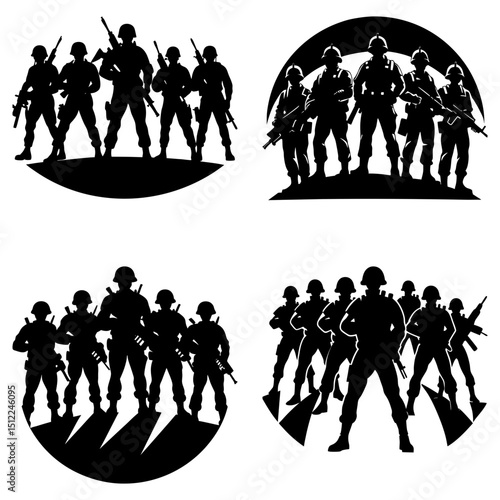 Silhouette illustrations of armed military personnel in various formations and compositions