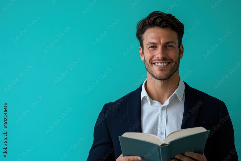 Happy businessman reading book against solid backdrop Happy businessman reading book against solid backdrop