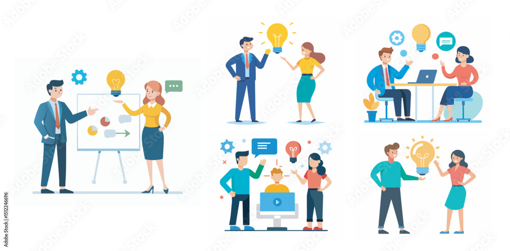 Two people sharing idea with lightbulb bundle vector illustration on white background Two people sharing idea with lightbulb bundle vector illustration on white background