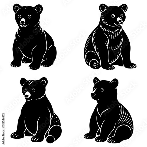 Four black bear cubs in sitting positions with varying patterns and solid fill styles depicted
