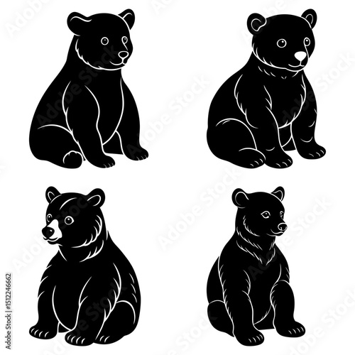 Four black bear cubs sitting in different poses with a white background in a vector illustration